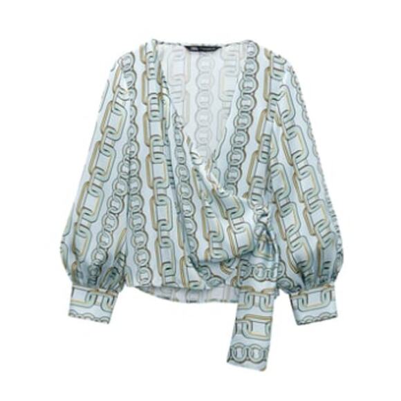 Zara Teal Satin Effect Chain Printed V-Neck Long Sleeve Wrap Top Small - Picture 2 of 8